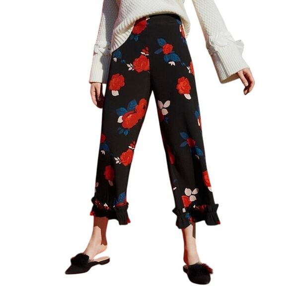 New CLUB MONACO Raesey Pant Black Red Floral Cropped Ruffle Hem Women's Sz 6 - Picture 1 of 13